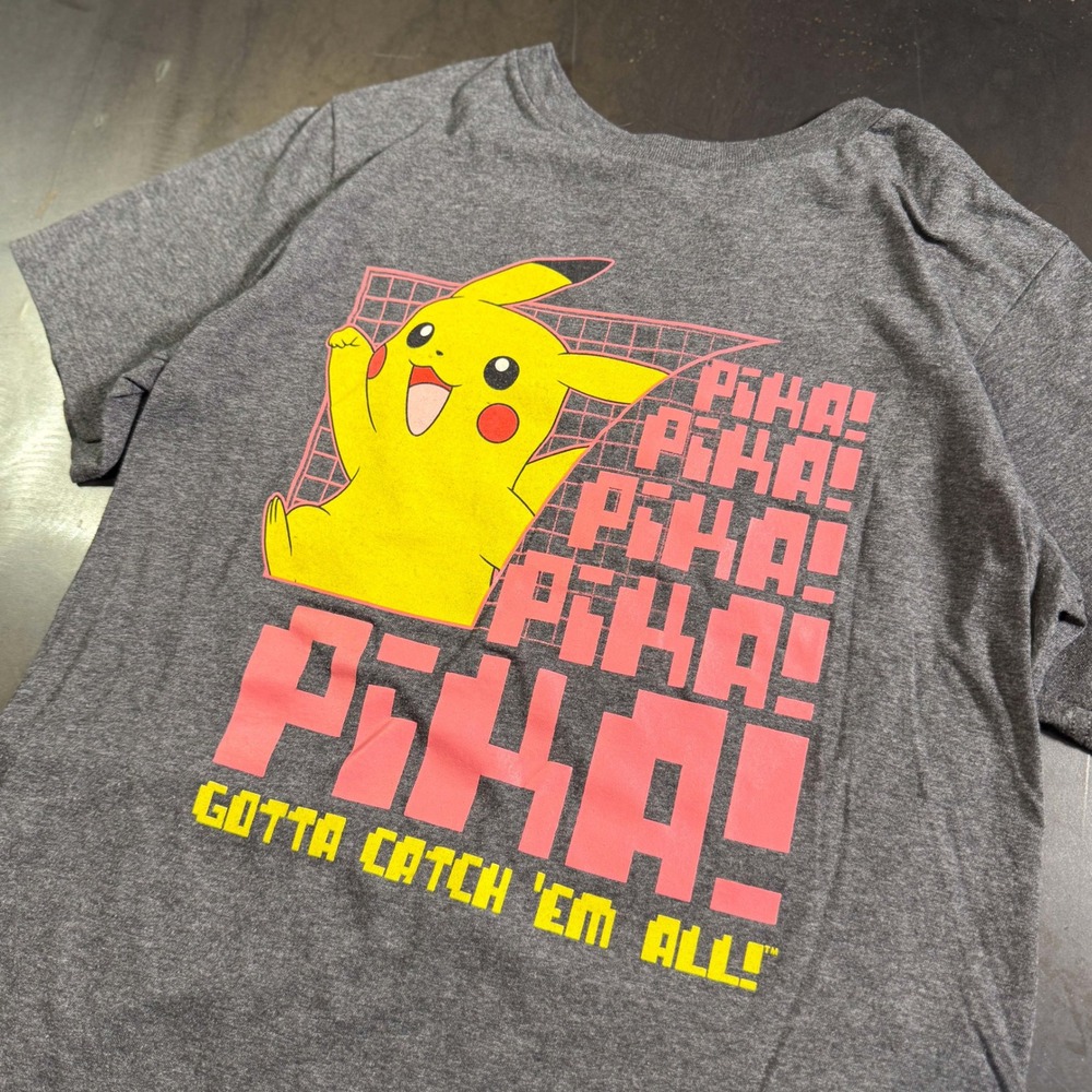 y2k Pokemon Pikachu Pika Pika T-Shirt Gray Kids XL Adult XS Short Sleeve Tee